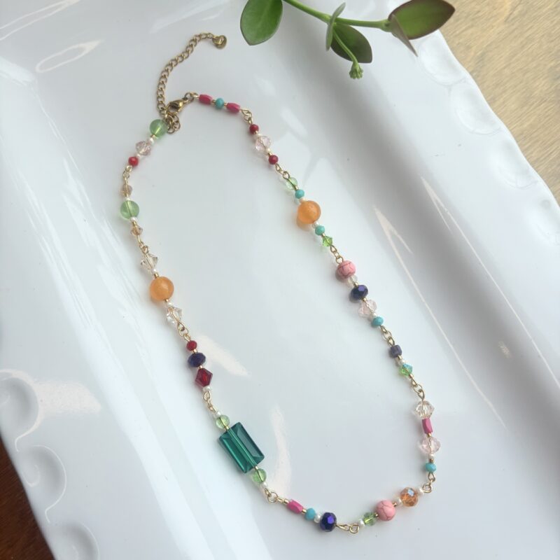 Anka green, pink, aqua, orange, purple beaded necklace