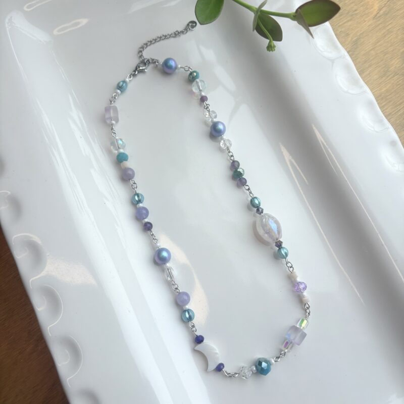 Anka crescent moon, blue, purple iridescent beaded necklace
