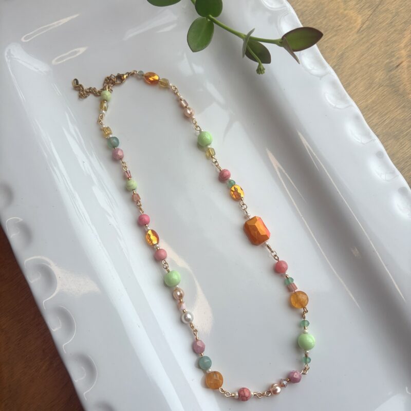 Anka sherbet pink, orange, green beaded necklace