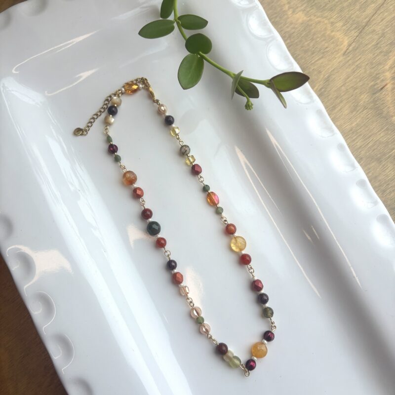Anka olive, orange, yellow, plum beaded necklace