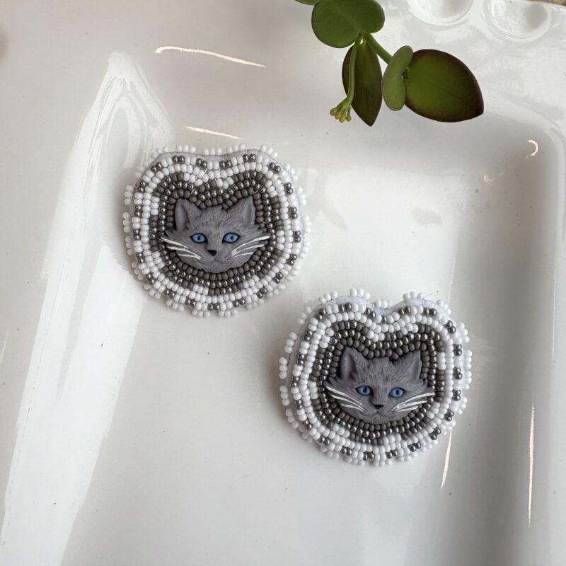 Kathleen Embrey Beaded Gray Cat Earrings