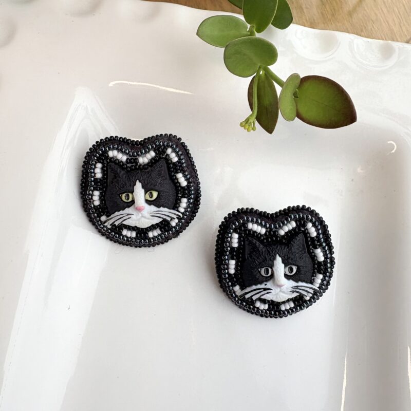 Kathleen Embrey Beaded Black Cat Earrings