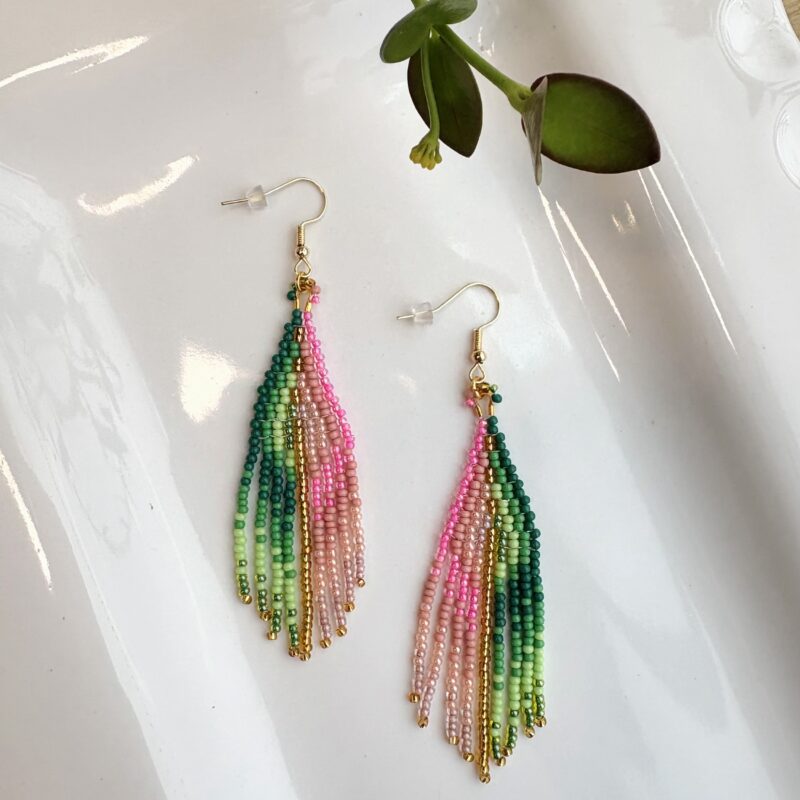 Kathleen Embrey Pink/Green beaded fringe earrings