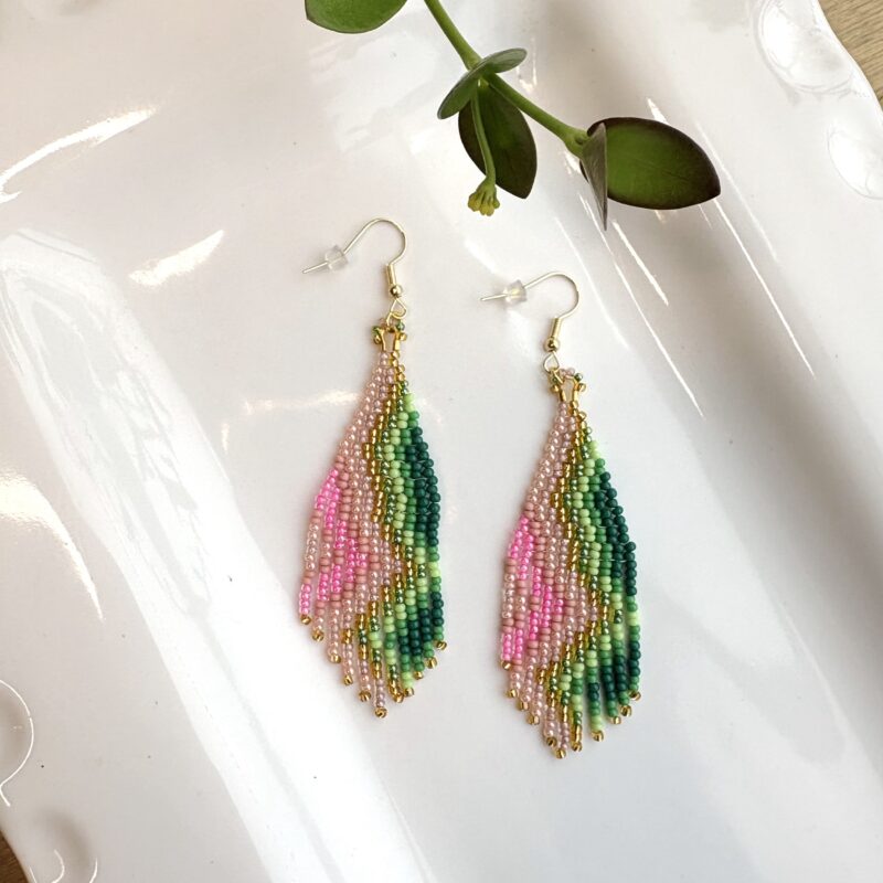 Kathleen Embrey Pink/Green beaded fringe earrings