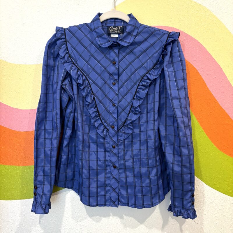 1980s blue plaid prairie blouse