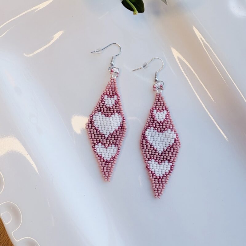Kathleen Embrey Light Pink and White Beaded Heart Earrings