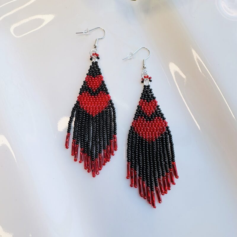 Kathleen embrey black and red beaded heart fringe earrings