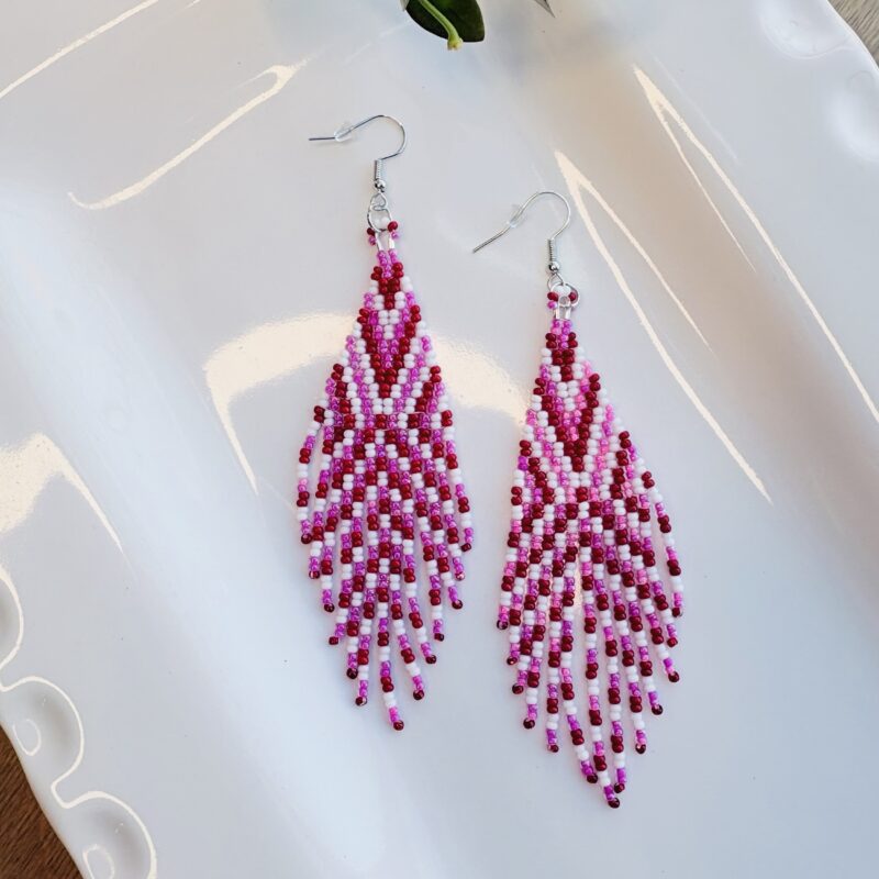 Kathleen Embrey Pink and Red Beaded Fringe Earrings