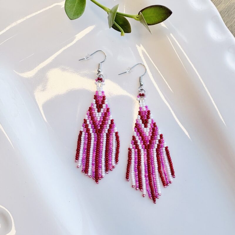 Kathleen Embrey Pink and Red beaded fringe earrings