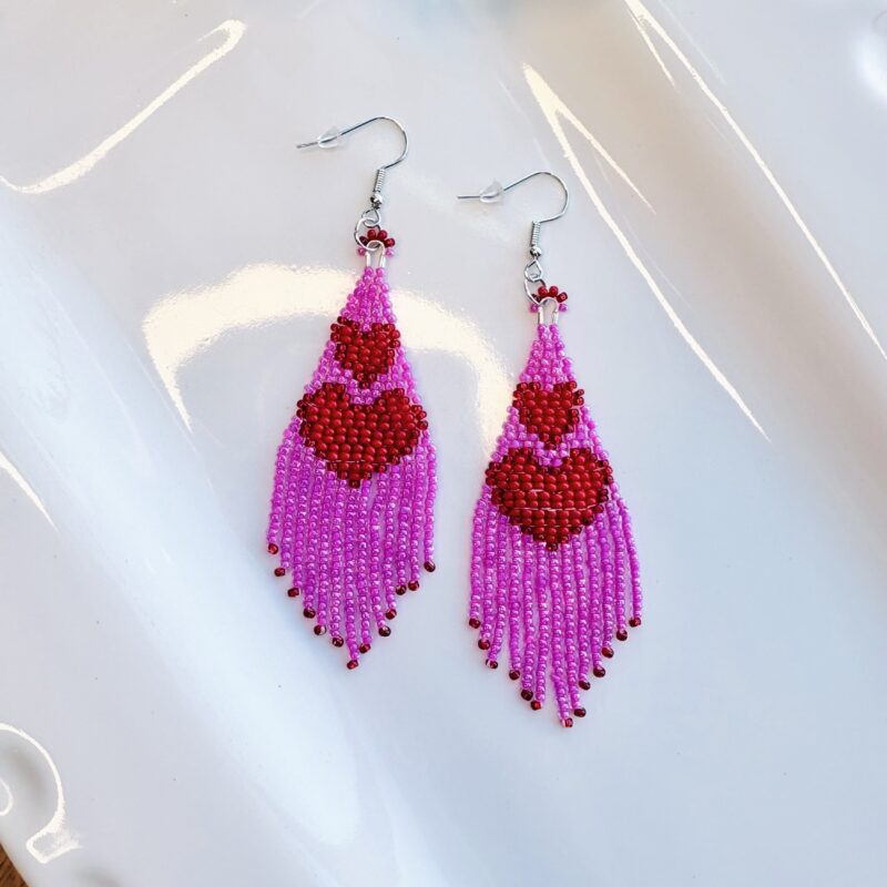 Kathleen Embrey pink and red beaded heart fringe earrings