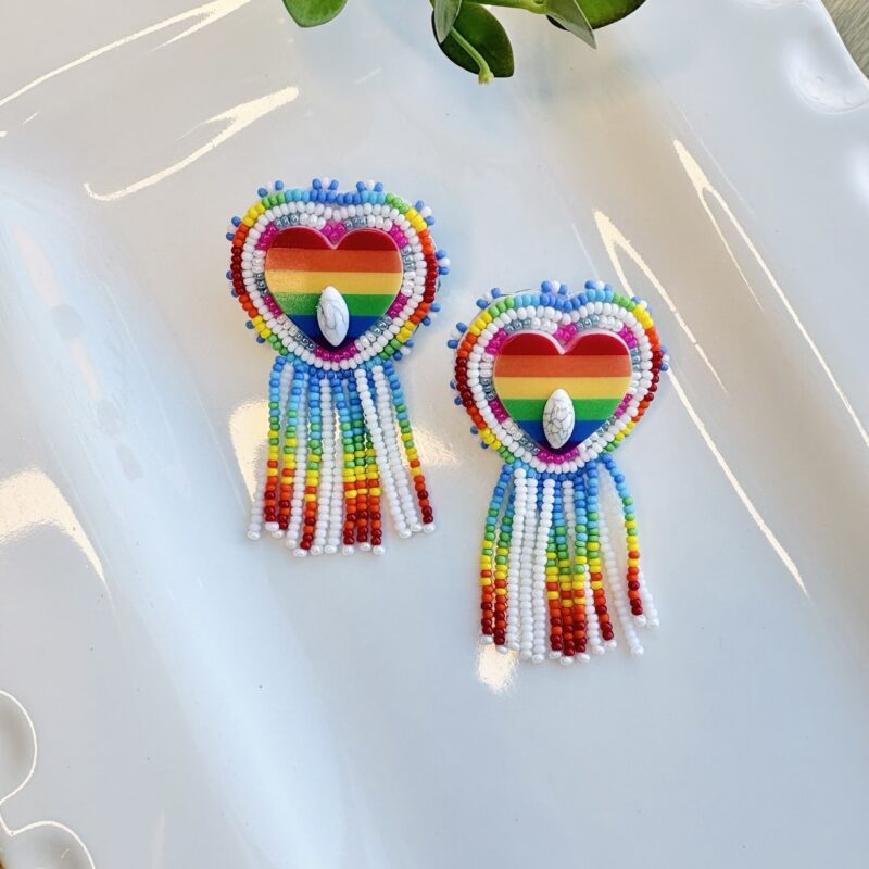 Kathleen Embrey Rainbow Beaded Heart Fringe Earrings