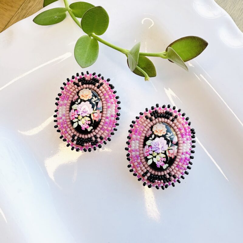 kathleen embrey black and pink beaded floral earrings