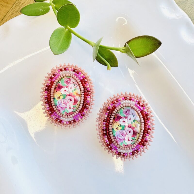 Kathleen embrey rainbow and pink beaded floral earrings