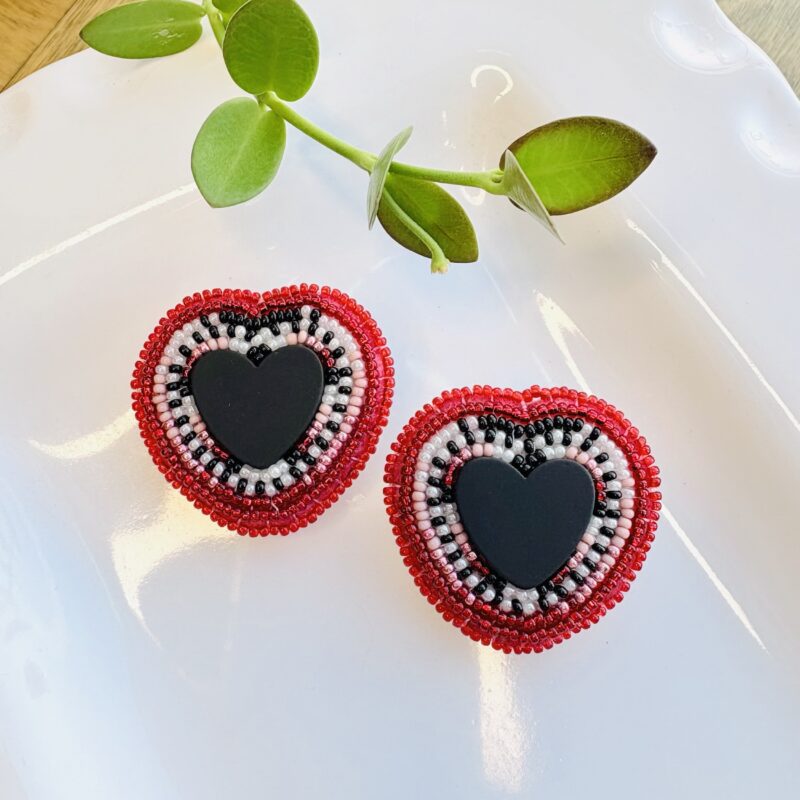 Kathleen Embrey Black and Red beaded heart earrings