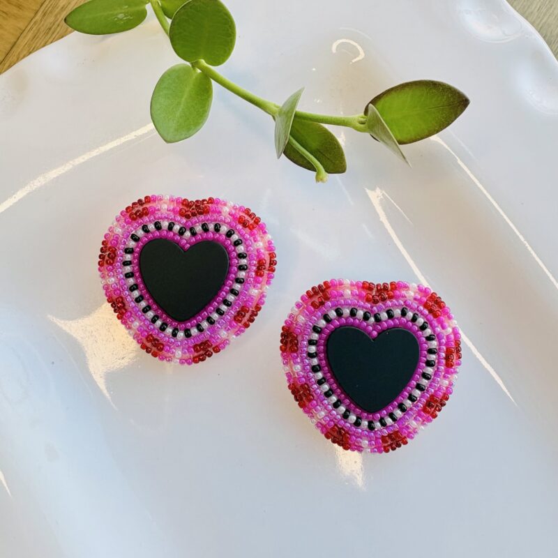 kathleen embrey black pink & red beaded heart earrings