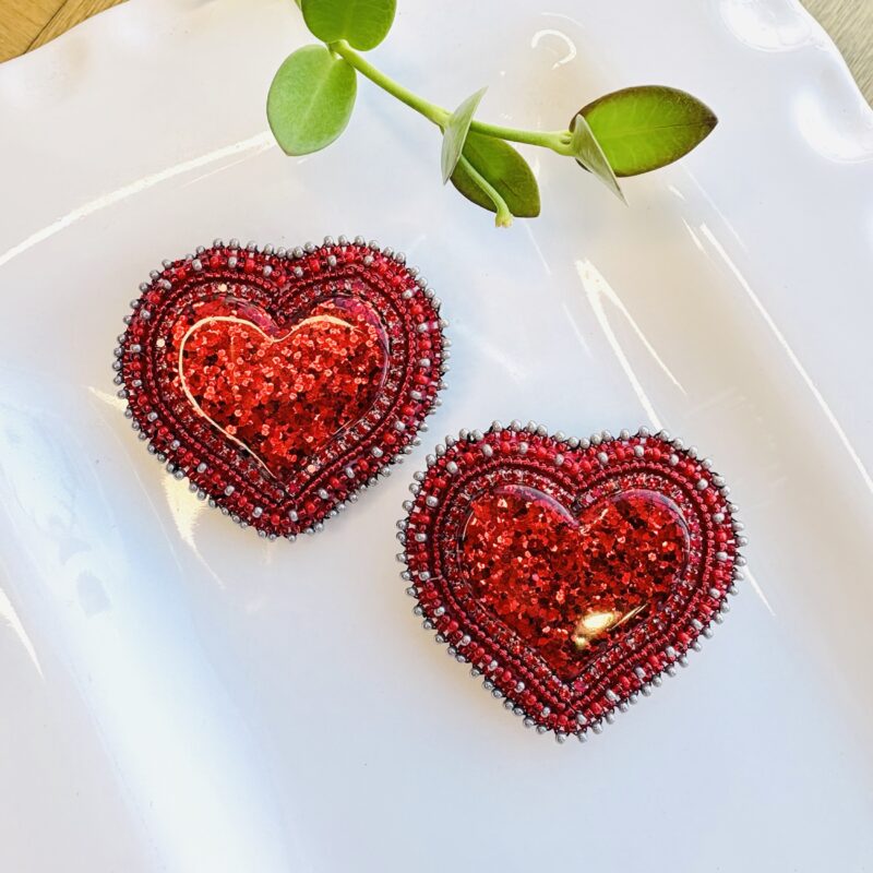 kathleen embrey large red sparkly beaded heart earrings