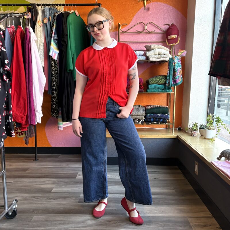 1980s Peter Pan collared, red blouse