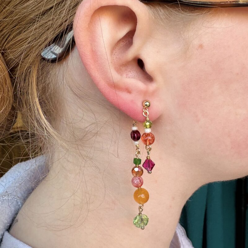 Anka Snider green, orange, pink beaded collage earrings