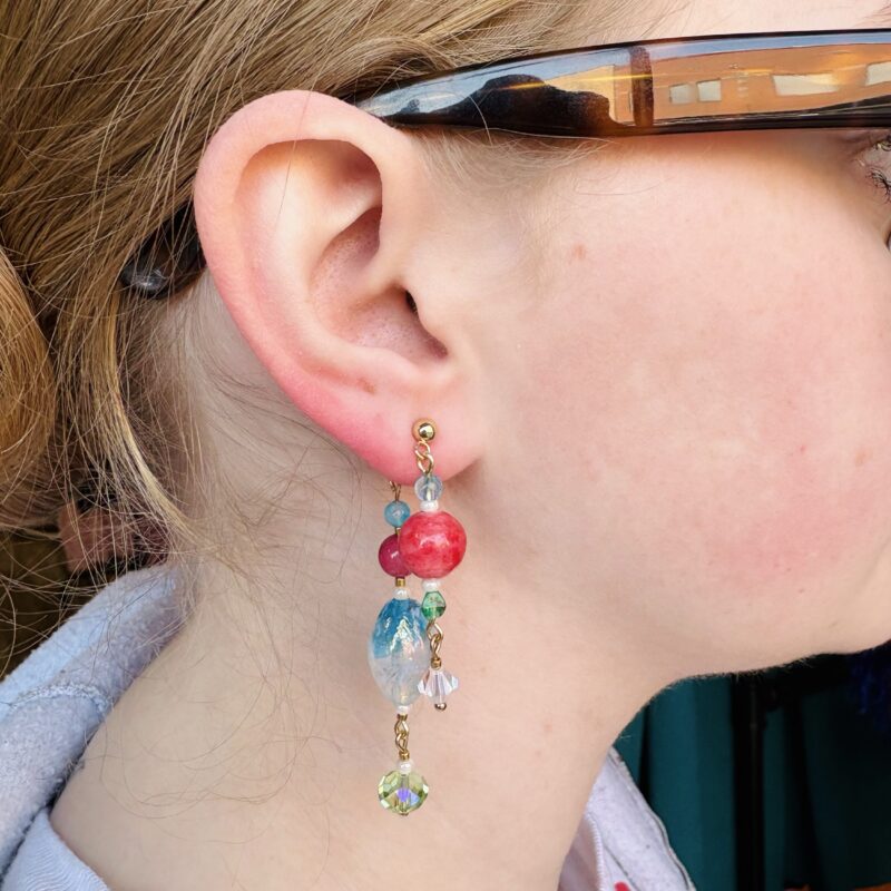 Anka Snider red, blue, green beaded collage earrings