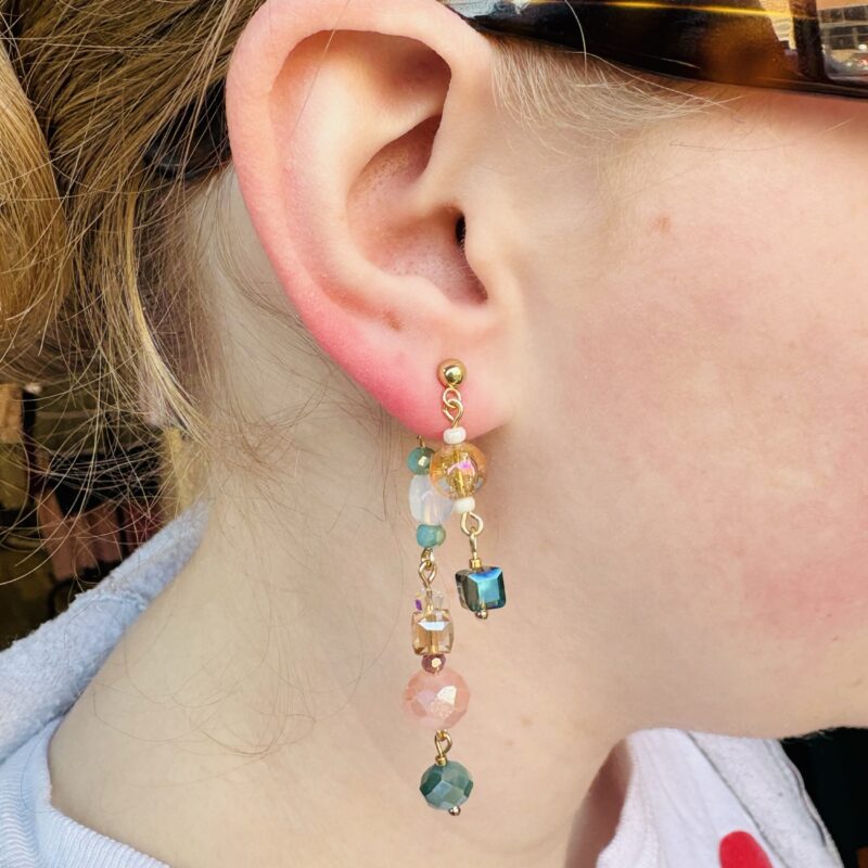 Anka Snider pink & blue beaded collage earrings