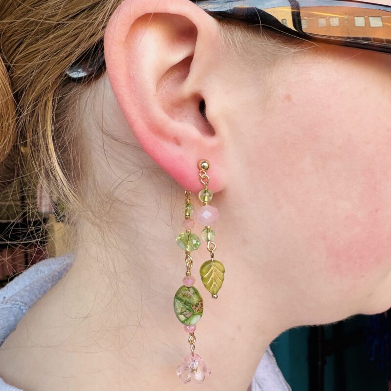 Anka Snider Green & Pink floral beaded collage earrings