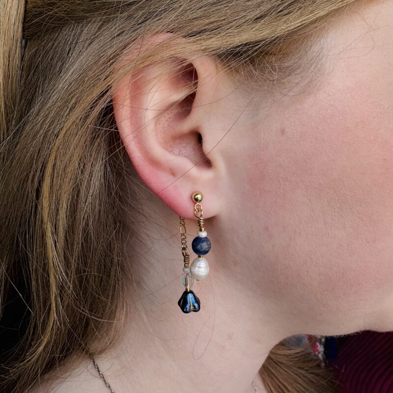 Anka Snider Navy, Freshwater pearl beaded collage earrings