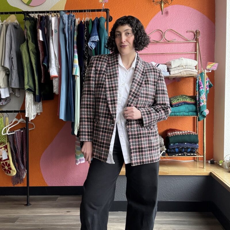 1990s Gray/Pink Plaid Blazer