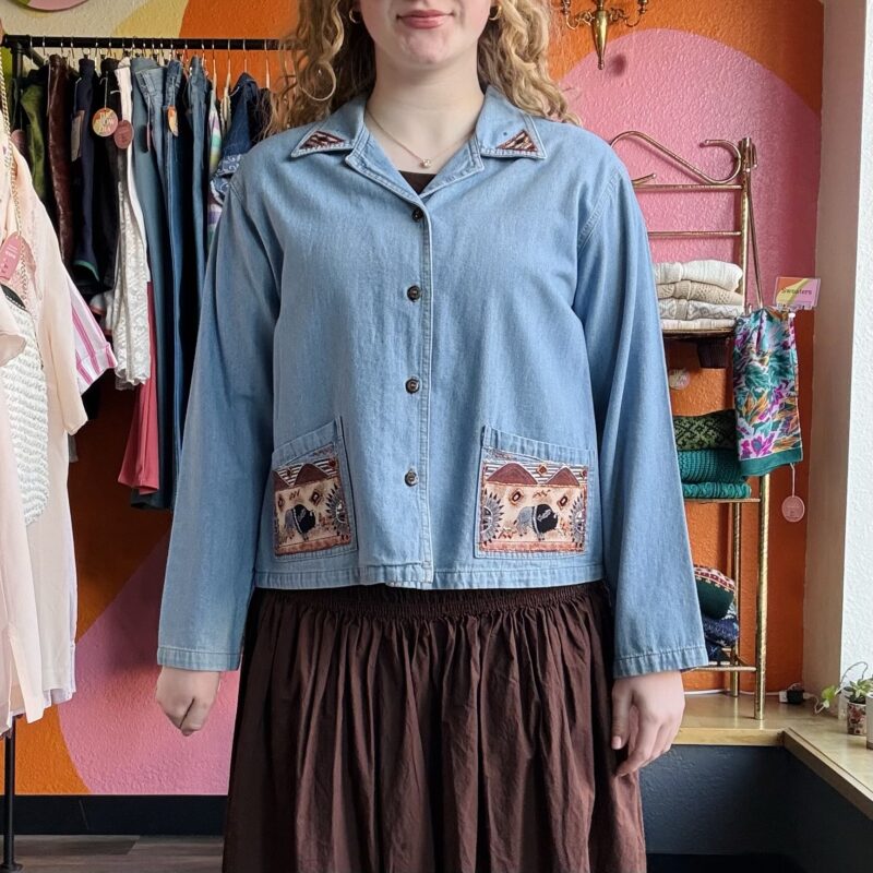 1990s Hand Painted Denim Buttom Up, Size S