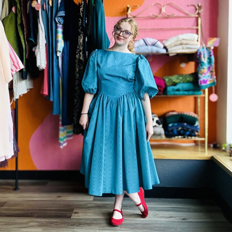 1980s Blue basque-waist dress