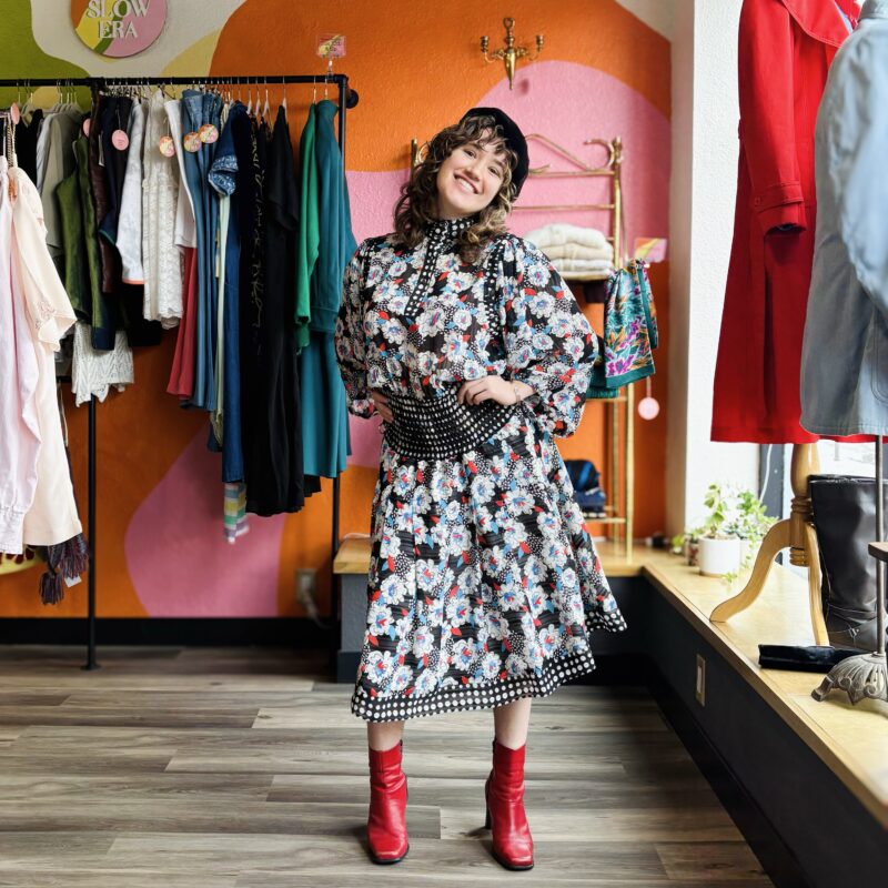 1980s Floral, Polka Dot Midi Dress