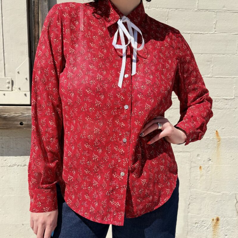 1990s red floral, ribbon tie blouse