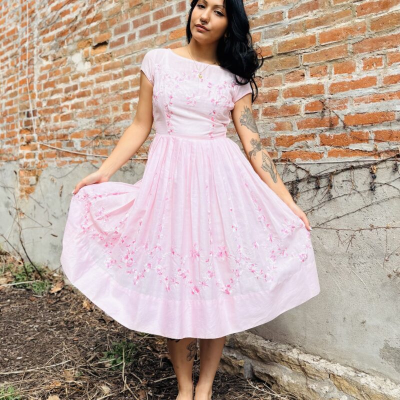 1950s pink embroidered midi dress