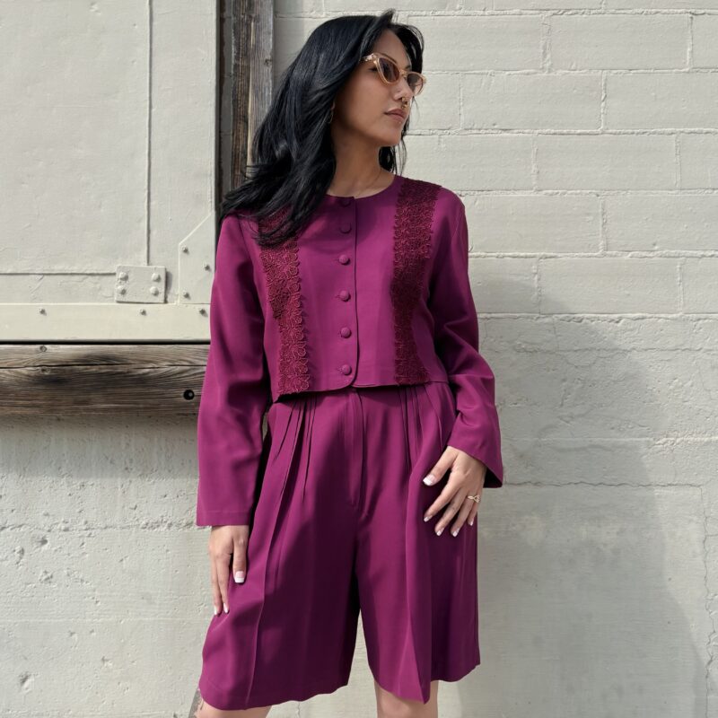 1990s purple blouse + shorts set