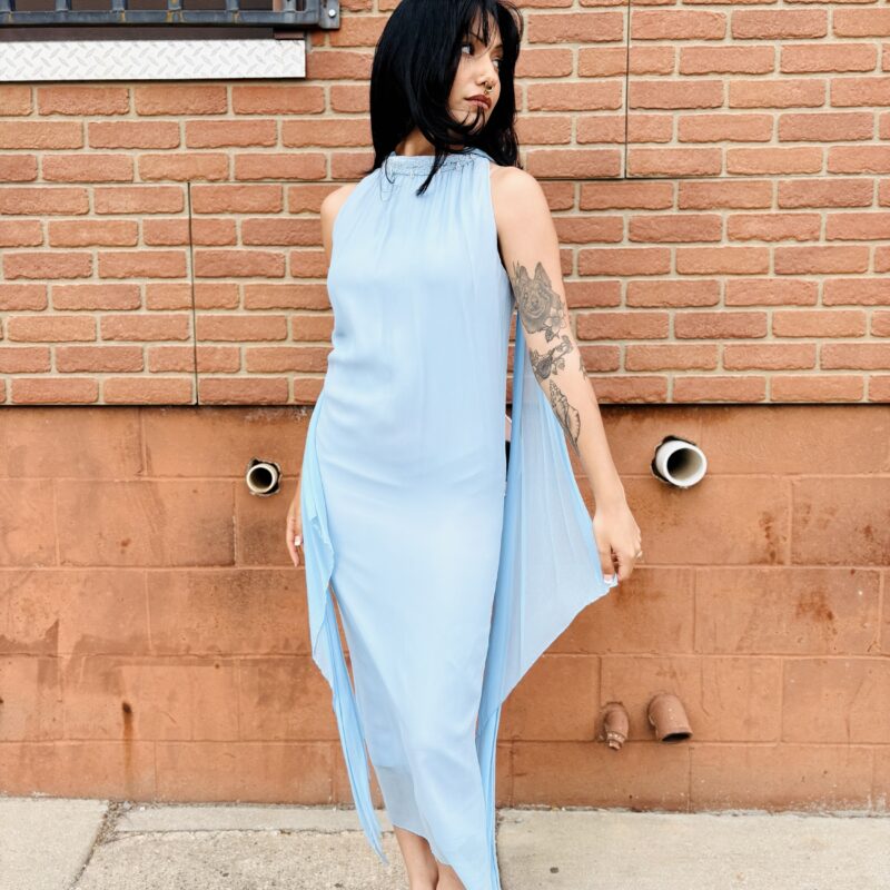 1970s light blue, beaded chiffon gown