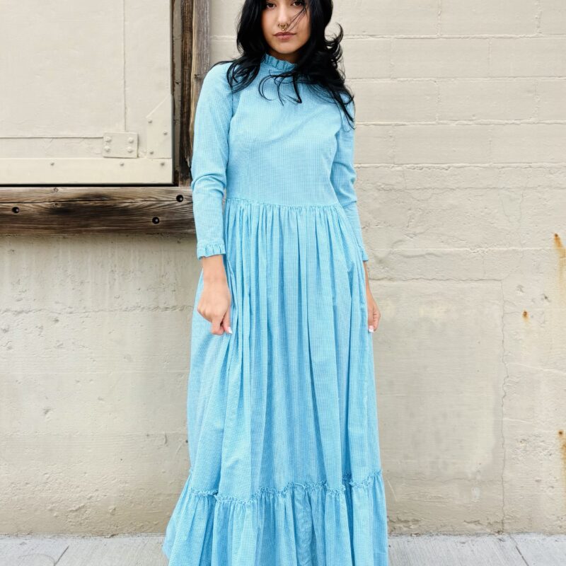 1970s blue gingham prairie dress