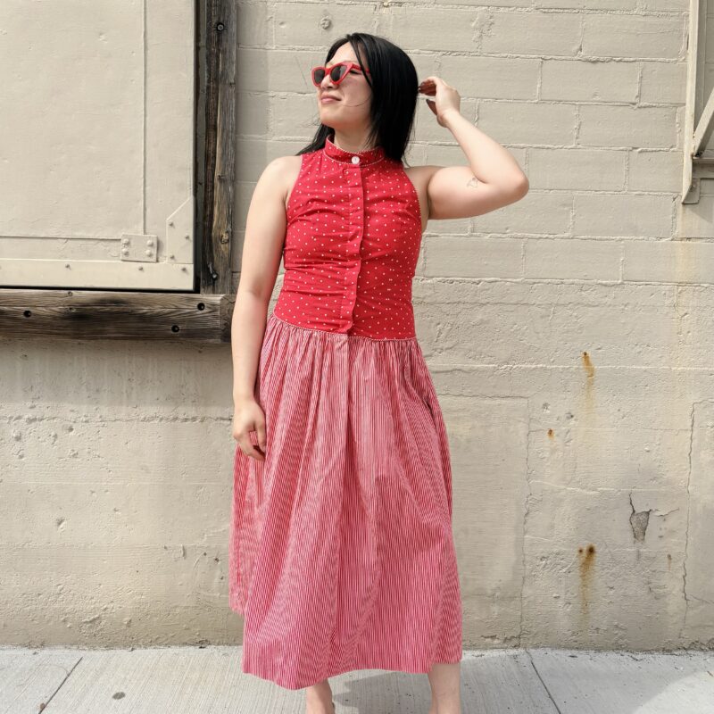 Red polka dot striped dress