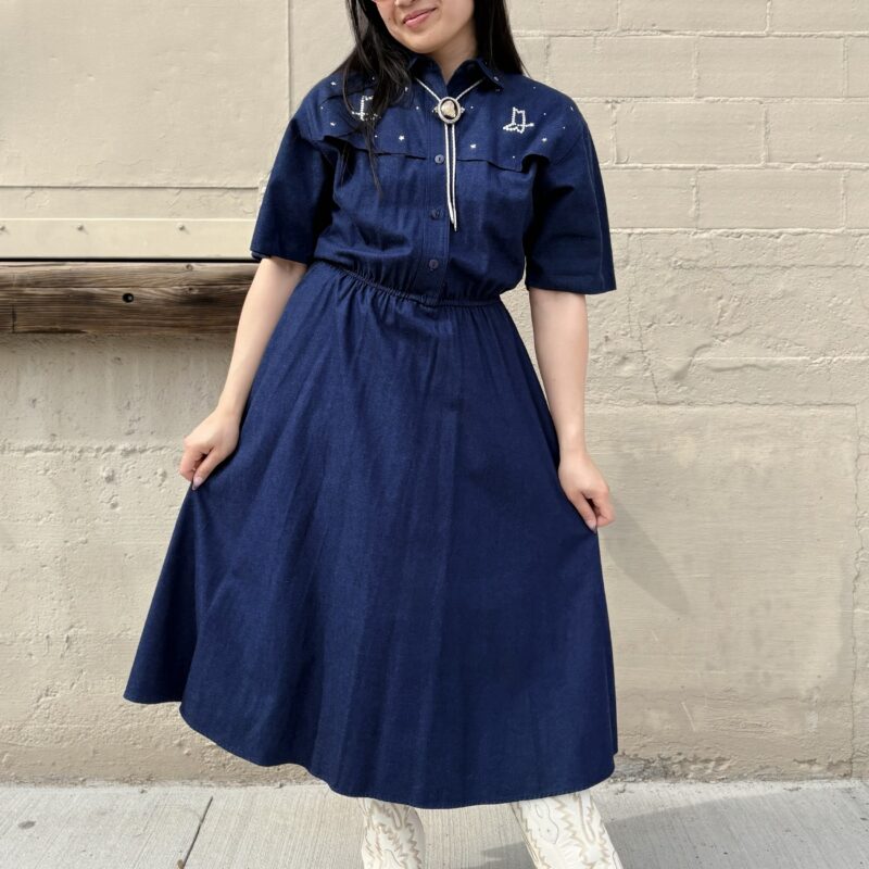 1990s rhinestone cowboy boot, denim western dress
