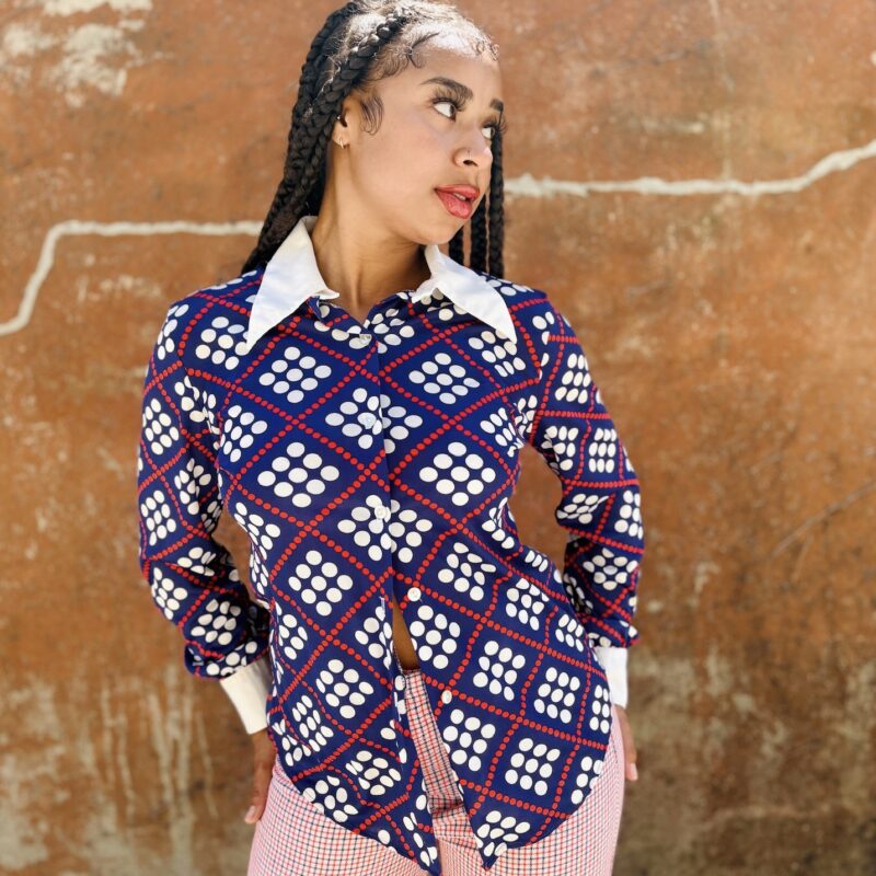 1970s navy printed blouse