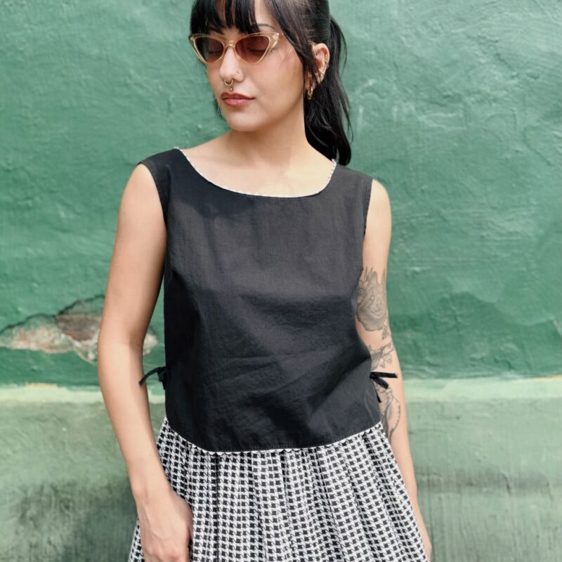 1970s black tank top with white ric rac trim