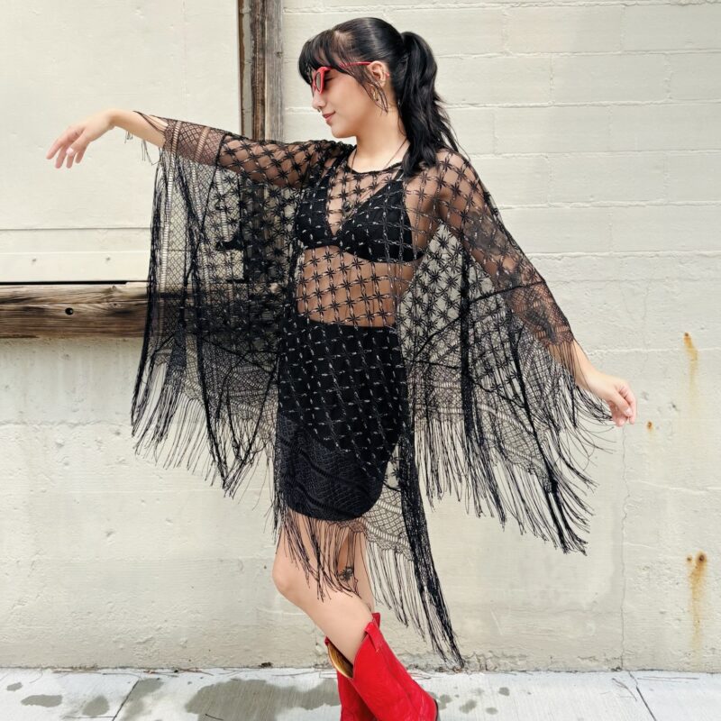 Vintage Black & Silver Sheer fringe cape