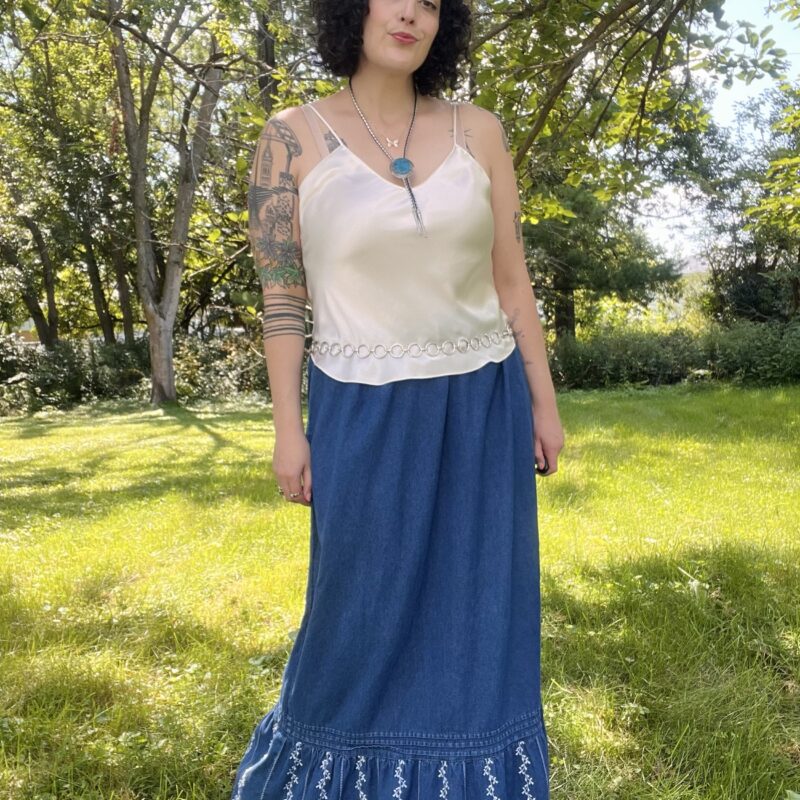 1990s embroidered denim prairie skirt