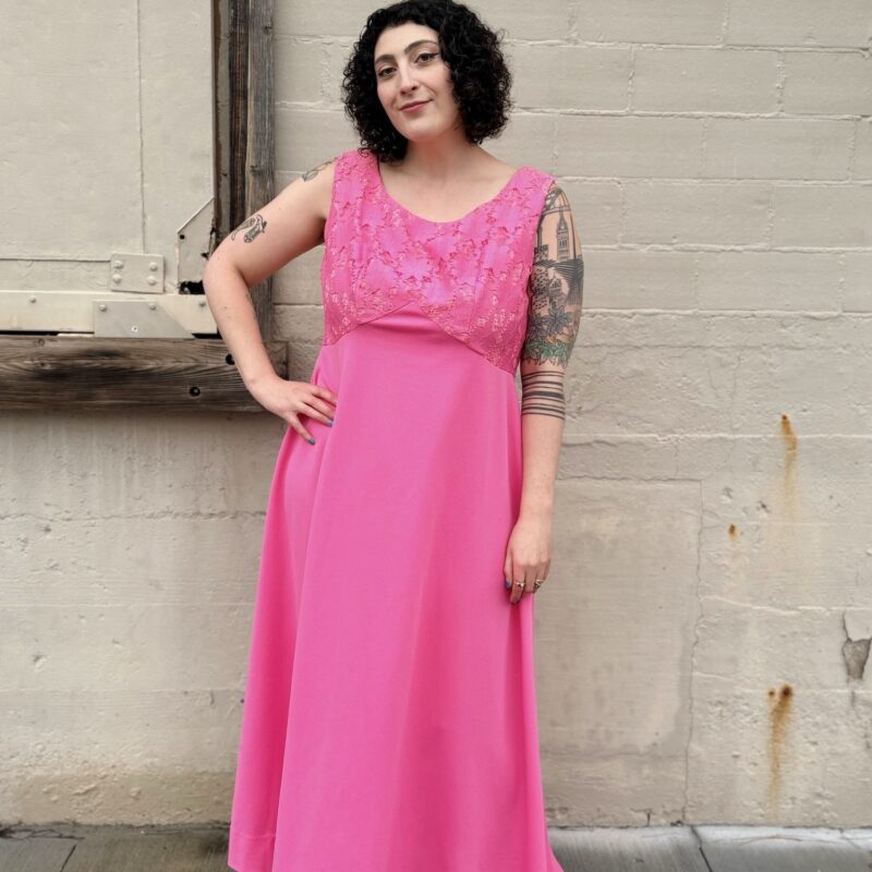 1960s pink floral lace maxi dress