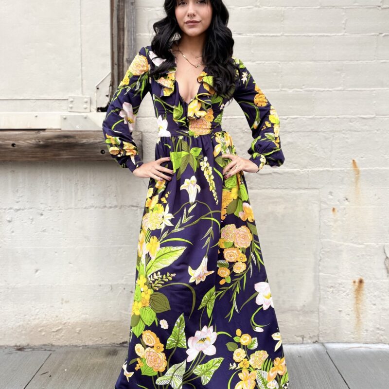 1970s floral, deep-v, maxi dress Tagless