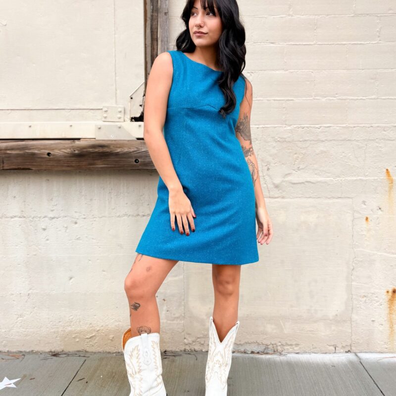 1960s blue, sleeveless shift dress