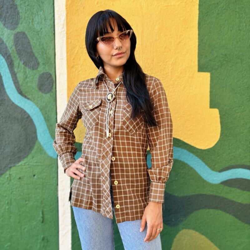 60s/70s brown grid print shirt