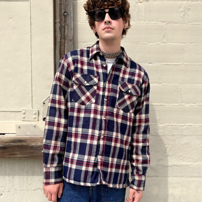 1980s navy beige flannel shacket